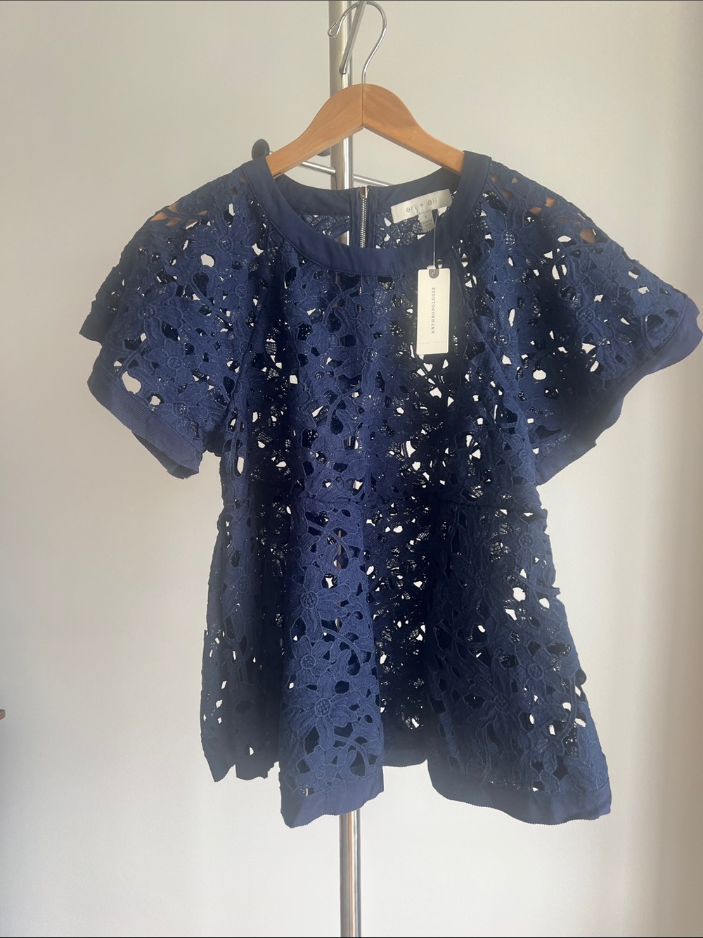 Anthropologie Navy Floral Eyelet Lace Top